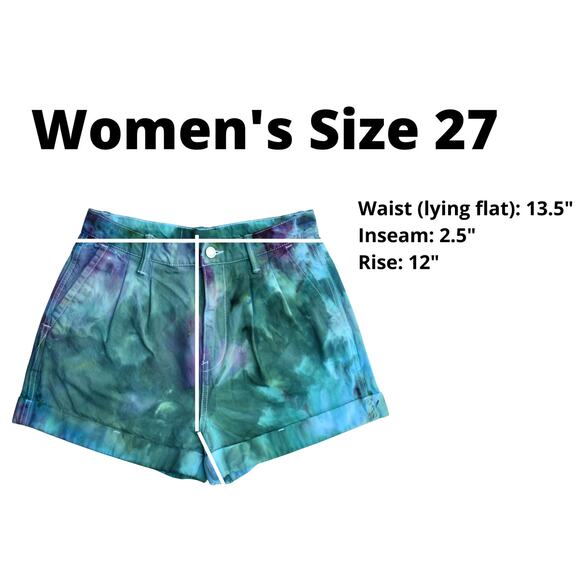 Ice Dyed Denim Shorts - High-rise Pleated - Upcycled - Jade Purple (Women's 27) - Picture 4 of 12